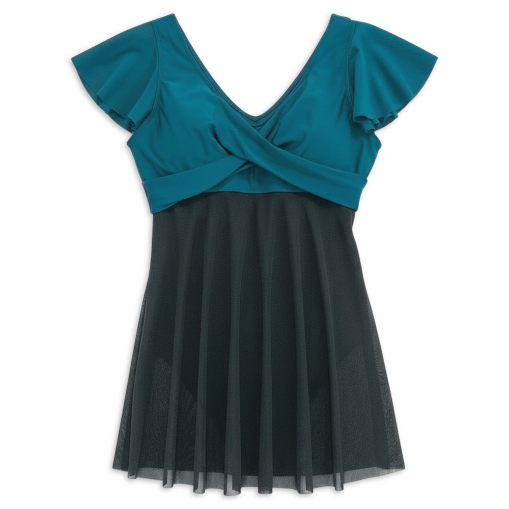Blooming Jelly Swimdress Women 3XL Teal Black Flutter Sleeve Mesh Skirt Swimsuit